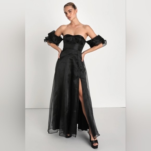 Lulus True Excellence Black Bustier Off-the-Shoulder Gown S Wedding Partt Formal - Picture 2 of 10